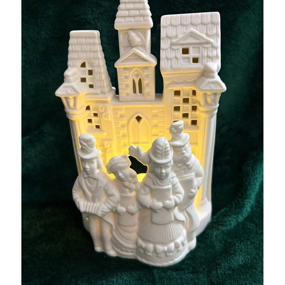 Party Lite White Ceramic Christmas Village Tea Light Holder Victorian Carolers